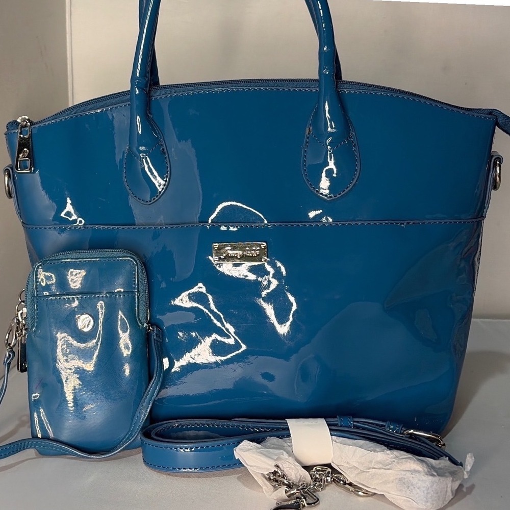 Grace Adele Teal Blue Patent Tote Bag with Mini Pouch and Shoulder Strap